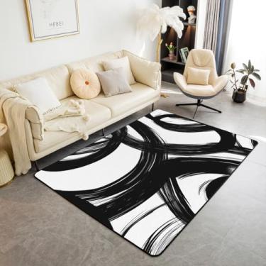 Imagem de jejeloiu Tapete abstrato de linha preta e branca 7,5 x 12,7 cm, moderno, listrado, graffiti, sala de estar, para crianças, meninos, meninas, quarto, geometria geométrica, tapete decorativo com suporte