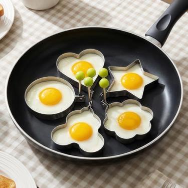Imagem de 5 moldes de panqueca para grelha, moldes de anel de ovo para cozinhar, ferramentas de panqueca de ovo frito de aço inoxidável, coração
