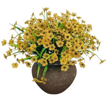 Imagem de ATFL 16 pacotes de 7 garfos de flores artificiais resistentes a raios UV, flores falsas para decoração de primavera, flores de seda sintética para decoração de plantador de varanda (16, amarelo)