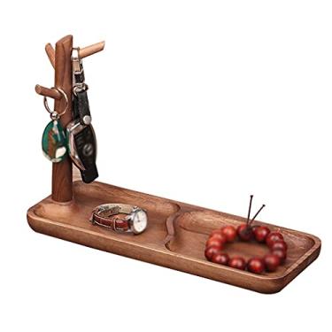 Imagem de Bandeja de suporte de chave de madeira maciça - Prato de joias para decoração de casa, organizador de anéis para escritório, sala de estar, quarto, decoração de mesa para ele e ela