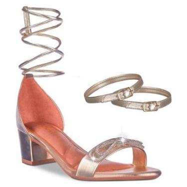 Imagem de Sandalia Feminina Prata Metalizada Salto Baixo Grosso Quadrado Tira Com Laço Strass A3.46-Feminino