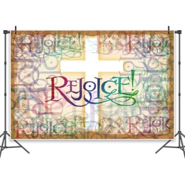 Imagem de Leowefowa Vintage Cross Rejoice Photo Backdrop 3 x 2,4 m Vinil Grunge Graffiti Vitral Igreja Cristã Fundo de Sessão de Fotos Jesus Cristo Deus Abençoado Batismo Chá de Bebê Adereços de Cabine de Fotos