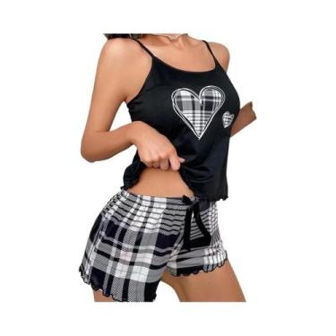 Imagem de Conjunto De Pijama Feminino De Verão, Top De Cor Sólida E Shorts Xadre