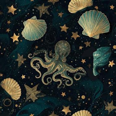 Imagem de ReWallpaper Papel de parede oceano descasque e cole azul-marinho azul-petróleo dourado polvo concha costeira estrelada revestimento de parede vinil à prova d'água para banheiro quarto acento parede