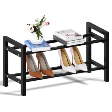 Imagem de Haddockway Sapateira de bambu para armário, organizador de sapatos de pé livre com hastes redondas lisas e alças convenientes, prateleira empilhável de armazenamento de sapatos para entrada, corredor