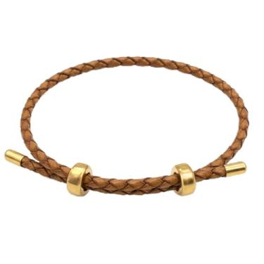 Imagem de Pulseira de couro trançado de aço inoxidável banhado a ouro 18 K para mulheres e homens - Pulseira ajustável de couro bovino genuíno - Joia minimalista da amizade boêmia, presente, One Size, Couro