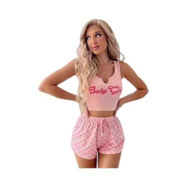 Imagem de Conjunto De Pijamas Femininos Com Estampa De Letras Rosa, Camisola Cas
