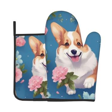 Imagem de Conjunto de 2 peças de luvas de forno com estampa de flores Corgi, adequado para cozinhar, assar e grelhar ao ar livre