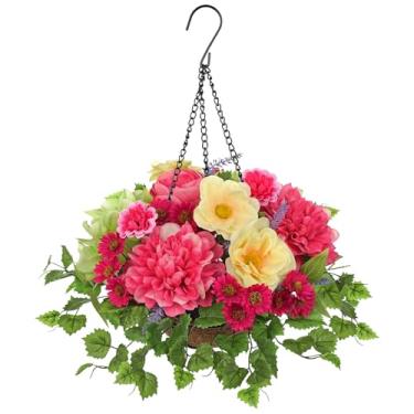 Imagem de Briful Cesta de flores artificiais com gancho de corrente, flores falsas para pendurar com rosas e margaridas de seda, flores falsas, decoração para pendurar ao ar livre, varanda, pátio, jardim