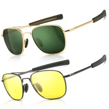 Imagem de SUNGAIT Óculos de sol masculino estilo militar aviador polarizado, hastes baioneta, Ouro/Verde Escuro + Metal/Amarelo, 55mm