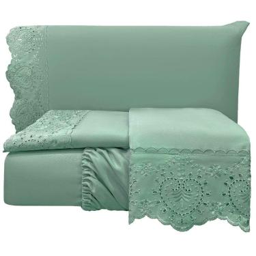 Imagem de Jogo De Lençol Queen Bordado Ingles 300 Fios Nupcias 4 Peças Cor Menta