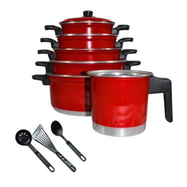 Imagem de Jogo Kit de Panela Caçarola + Caneco Leiteira + Brinde 9 Pçs Cor:Verme
