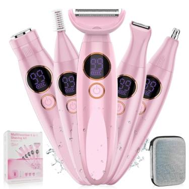 Imagem de Aparador de biquíni 5 em 1 para mulheres, IPX7 à prova d'água, sem fio, substituível, púbico, sobrancelha, barbeador elétrico facial, aparador de pelos do nariz e barbeador corporal indolor para