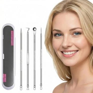 Imagem de Kit de pinças de cravos de aço inoxidável, 4 peças de remoção de manchas e cravos para rosto e nariz/ferramenta de extração de pinças com estojo transparente
