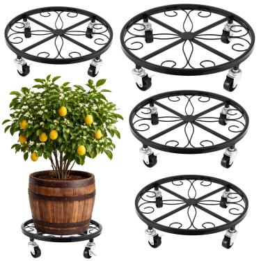 Imagem de Suporte de plantas com rodas, pacote com 4 rolos de suporte de plantas com rodinhas resistentes 11 / 12 / 12,6 / 13,5 polegadas de metal com rodas carrinho de plantas de ferro forjado com rodízios