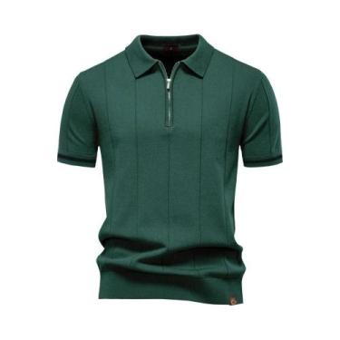 Imagem de Camisa Polo Masculina Slim Fit De Cor Sólida Com Zíper AIOPESON Para A