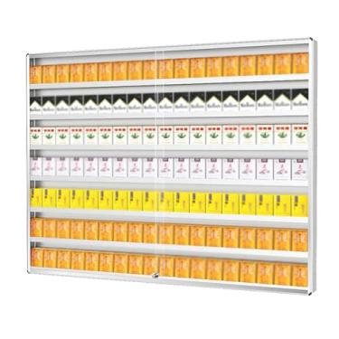 Imagem de Prateleira de alumínio para exibição de cigarros - vitrine transparente para mesa e parede com porta de vidro deslizante para lojas de varejo e shoppings, bandeja de tabaco durável e elegante.