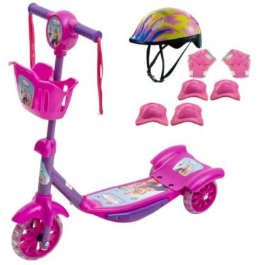 Imagem de Patinete Led 3 Rodas + Kit Proteçao Capacete Rosa Infantil