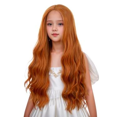 Imagem de Edivd Peruca infantil laranja gengibre longa ondulada laranja escuro cacheado peruca para meninas perucas de cabelo sintético resistente ao calor com touca