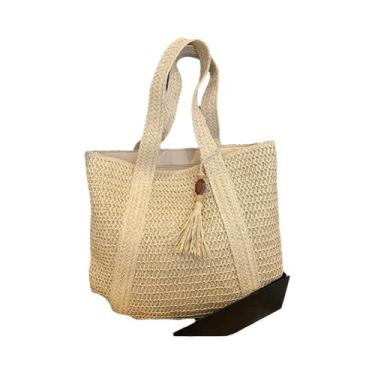 Imagem de Bolsa de Palha Feminina Grande - Estilo Boêmio para Praia e Verão, Beg