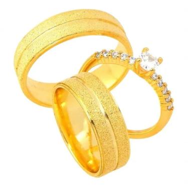 Imagem de Par De Alianças Banhada Ouro 18k 6mm Friso Central Solitário