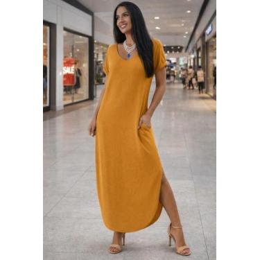 Imagem de Vestido Gola V Barra Oval Com Bolso - modanascimento, Mostarda, G1