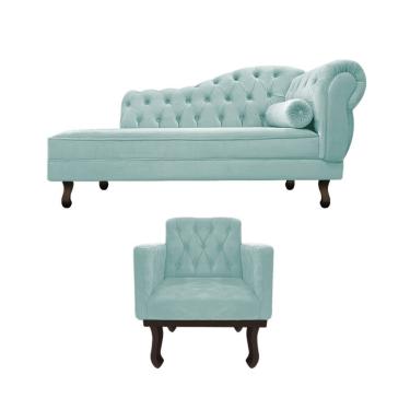 Imagem de Kit Diva Recamier Diana 120cm Lado Esquerdo E 1 Poltrona Classic Suede - Adj Decor Azul Ciano
