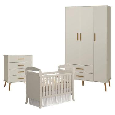 Imagem de Quarto De Bebê 3 Portas Com Cômoda Gaveteiro Isis E Berço Americano Danny Areia Acetinado - Reller