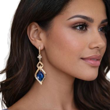 Imagem de Brinco Feminino Azul Gota Dourado Longo Elegante Luxo Festa