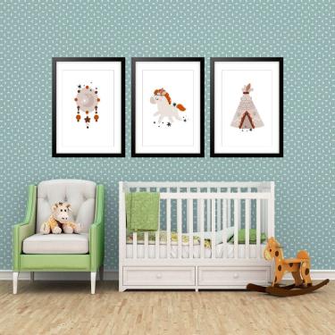 Imagem de Kit 3 Quadros Grandes Quarto Infantil Indígena 60x48cm
