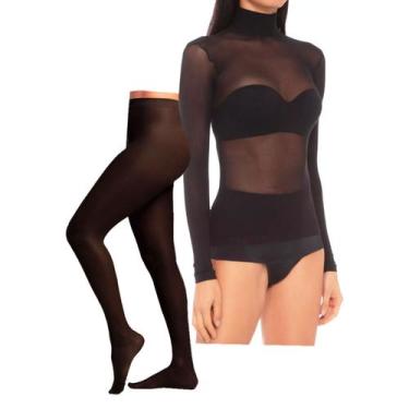 Imagem de Blusa Gola Alta Fio 40 Segunda Pele + Meia Calça Preta Fio 40 Tamanho 
