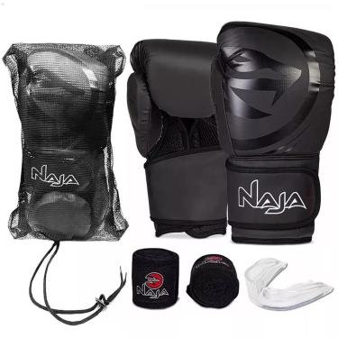 Imagem de Kit Luva Boxe Muay Thai Naja Black Line Bandagem Protetor Bucal Treino Sparring 10oz 12...