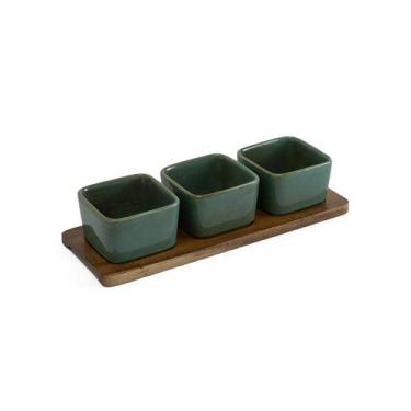 Imagem de Petisqueira Madeira 3 Bowls Cerâmica Marrom/Verde 31CM UN0031 - BTC