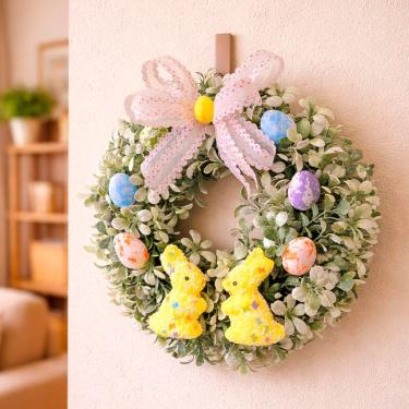 Imagem de Guirlanda Decorativa de Páscoa com Ovos Artificiais 30cm para Portas e Paredes Branco Amarelo Verde Roxo