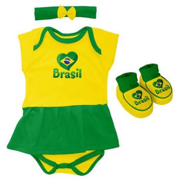 Imagem de Body Infantil Vestido Com Lacinho e Pantufas Brasil de Futebol Para Be