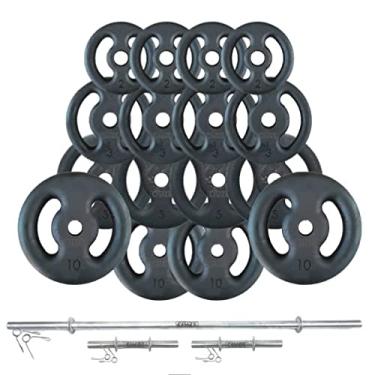 Imagem de KIT ANILHAS 80 KG + 2 BARRAS OCAS 40CM + BARRA MACIÇA 1,80CM