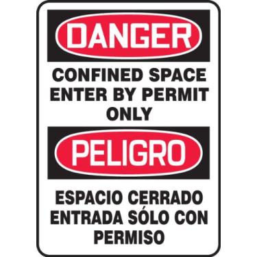 Imagem de Accuform Signs SBMCSP133VS Placa Bilíngue Espanhol de Vinil Adesivo, Legend "DANGER CONFINED ESPACIO CERRADO ENTRADA SOLO CON PERMISO", 25,4 cm de comprimento x 17,78 cm de largura x 0,01 cm de espessura, vermelho/preto sobre branco
