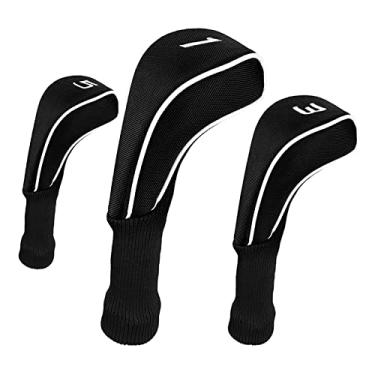 Imagem de Almencla Capas de cabeça de taco de golfe de 3 peças Driver 1 3 5 Woods Headcover Acessórios de golfe de qualidade Pescoço com etiquetas, PRETO