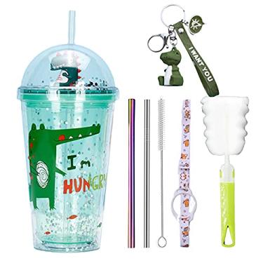Imagem de seelucky Caneca de viagem de dinossauro com canudo azul copo de bebida com alça copo de festa rosa copo de gelo para piquenique festa aniversário (jacaré dinossauro verde, 430 ml)