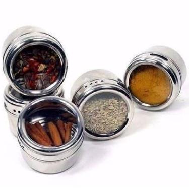 Imagem de Porta Condimento Inox Tempero Magnético Imã Geladeira com 6