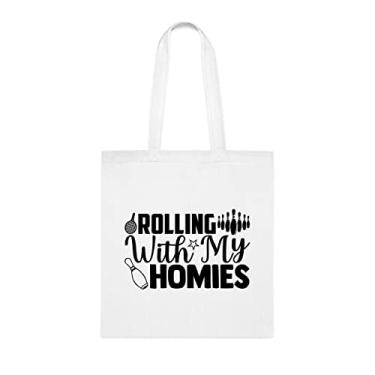 Imagem de Sacola Rolling With My Homies, presente engraçado para homies, bolsa de ombro, bolsas reutilizáveis, cesta de Natal de aniversário, ideia de presente, Branco