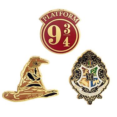 Imagem de Harry Potter Pinos esmaltados, conjunto de 3 – chapéu de classificação, brasão de Hogwarts, plataforma 24 – botões de metal – acessório colecionável para fãs de Harry Potter