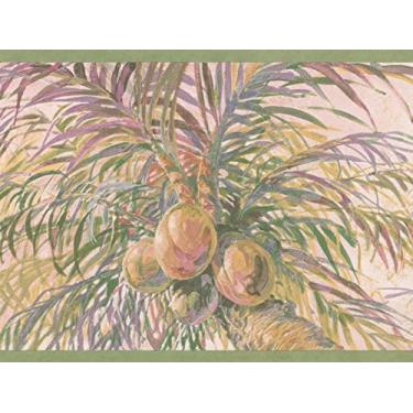 Imagem de Cocos em palmeiras blush rosa papel de parede borda design retrô, rolo 15' x 9"