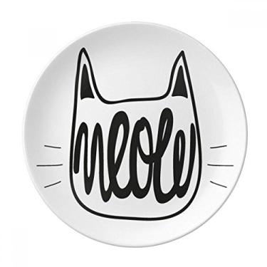 Imagem de Mewing Cat Prato de porcelana decorativa com citação de gato preto e branco