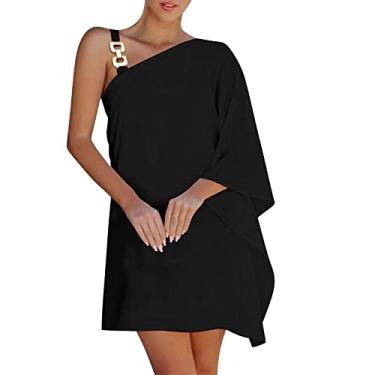 Imagem de UIFLQXX Vestido de verão 2023 feminino, um ombro só, manga morcego, casual, de renda, solto, vestido de praia, Preto, G