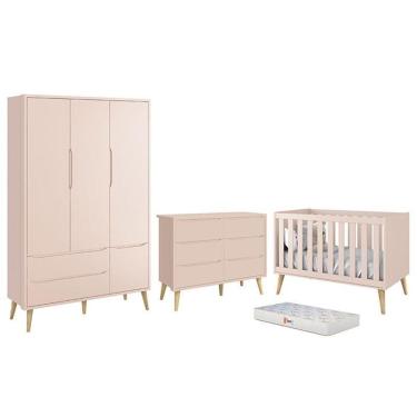 Imagem de Dormitório Completo Infantil Theo 3 Portas, Cômoda 6 Gavetas, Berço com Pés Madeira Natural e Colchão D18 - Reller Móveis