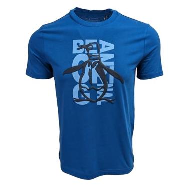 Imagem de Original Penguin Camiseta masculina com gola redonda com logotipo Pete Outline, Azul clássico (Pete em relevo), P