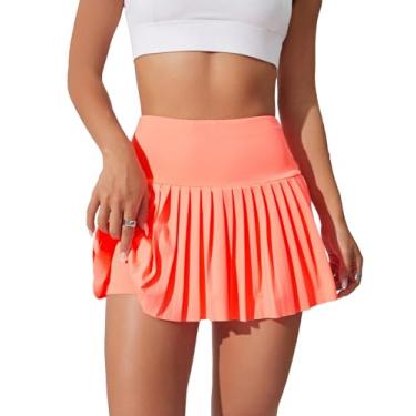 Imagem de Milumia Minissaia feminina plissada com shorts embutidos cintura alta golfe badminton saia atlética com bolso, Laranja coral, P
