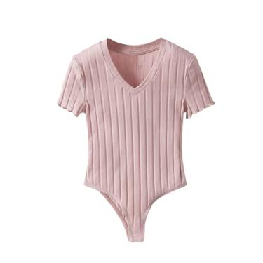 Imagem de Milumia Body feminino casual de malha canelada manga curta acabamento alface gola V camiseta, rosa, 9Y