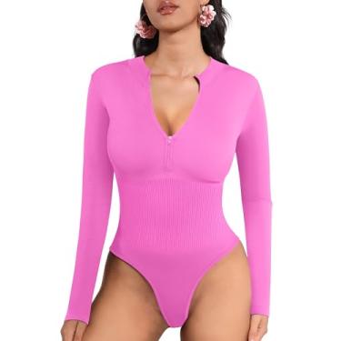 Imagem de MANGOPOP Body tanga de manga comprida modelador modelador com controle de barriga e gola rolê com zíper para mulheres sem costura, Blush, P